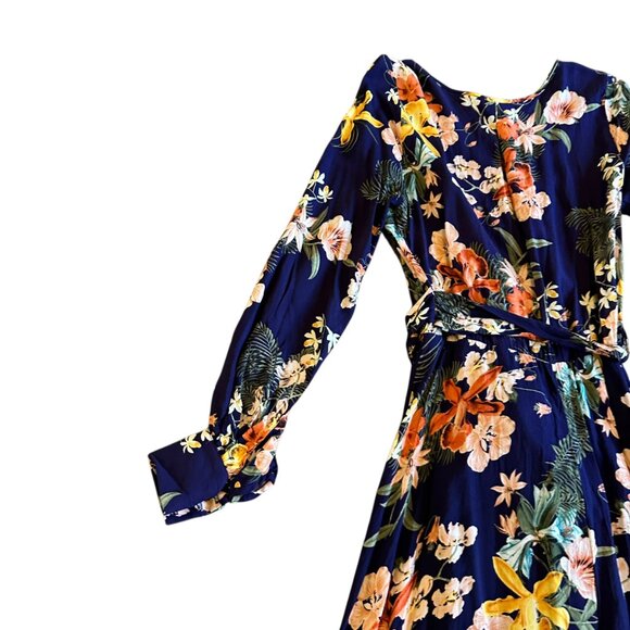 Meghan LA Lilypad Iris Navy Bell Sleeve Open Slit Maxi Dress Size Small Women's - Picture 13 of 16